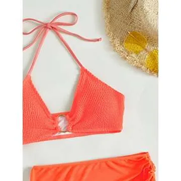 MakeMeChic Women's 3 Piece Bathing Suits Halter Ring Bikini Set with Cover Up Skirt Coral Orange S