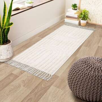 LEEVAN Boho Runner Rug Washable 2'x5' Woven Beige Cotton Farmhouse Kitchen Rugs with Tassels Bohemia...