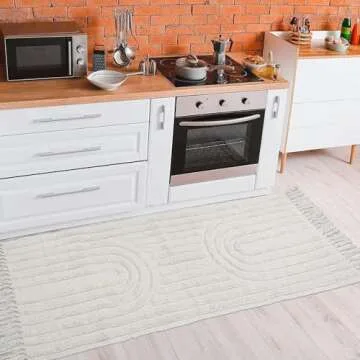 LEEVAN Boho Runner Rug Washable 2'x5' Woven Beige Cotton Farmhouse Kitchen Rugs with Tassels Bohemian Rainbow Hallway Accent Rug for Bedroom/Bathroom/Laundry or Living Room