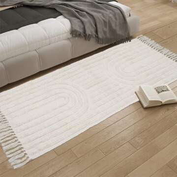 LEEVAN Boho Runner Rug Washable 2'x5' Woven Beige Cotton Farmhouse Kitchen Rugs with Tassels Bohemian Rainbow Hallway Accent Rug for Bedroom/Bathroom/Laundry or Living Room