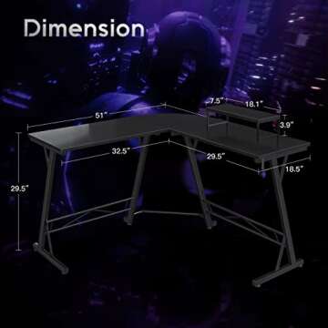 Casaottima Gaming Desk L Shaped Computer Desk, Corner Desk for Home Office with Monitor Stand 51", Black