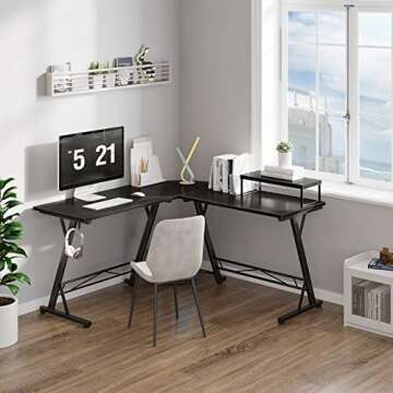 Casaottima Gaming Desk L Shaped Computer Desk, Corner Desk for Home Office with Monitor Stand 51", Black