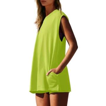 Nirovien Summer Outfits for Women 2 Piece Sets Two Piece Lounge Matching Set Tunic Tops High Waist Shorts(Lime Green,S)