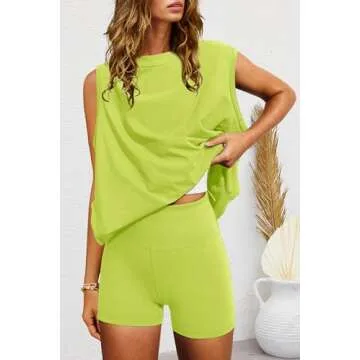 Nirovien Summer Outfits for Women 2 Piece Sets Two Piece Lounge Matching Set Tunic Tops High Waist Shorts(Lime Green,S)