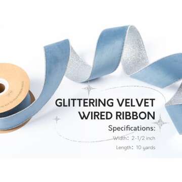 Keypan Blue Velvet Ribbon Christmas Wired Ribbons for Tree Decoration Wreath Home Decor Gift Wrappin...