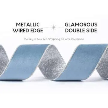 Keypan Blue Velvet Ribbon Christmas Wired Ribbons for Tree Decoration Wreath Home Decor Gift Wrapping 2-1/2 Inch Wide with Sliver Metallic Glitter 10 Yards