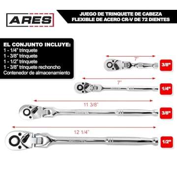 ARES 42040 - Flex Head Ratchet Set - 4-Piece 72-Tooth Ratchets - Premium Chrome Vanadium Steel Const...