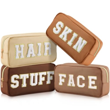 Cunno 4 Pcs Preppy Makeup Bag Chenille Letter Stuff Bag Nylon Cosmetic Bag Makeup Bag Toiletry Cosme...