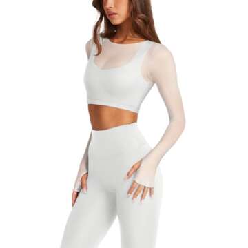LASLULU Long Sleeve Workout Tops for Women with Built in Bra Sheer Mesh V Neck White Crop Tops Cropp...