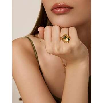 N9NEMUSES 18K Gold Statement Ring, Open Adjustable Ring for Women, Irregular Leaf Ring with Emerald Green Cubic Zirconia Accent | Adjustable Size from 5.5 to 7.5