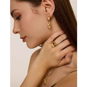 N9NEMUSES 18K Gold Statement Ring, Open Adjustable Ring for Women, Irregular Leaf Ring with Emerald Green Cubic Zirconia Accent | Adjustable Size from 5.5 to 7.5