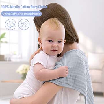 Yoofoss Muslin Burp Cloths for Baby 10 Pack 100% Cotton Baby Washcloths for Boys Girls Large 20''X10'' Super Soft and Absorbent Blue-Grey