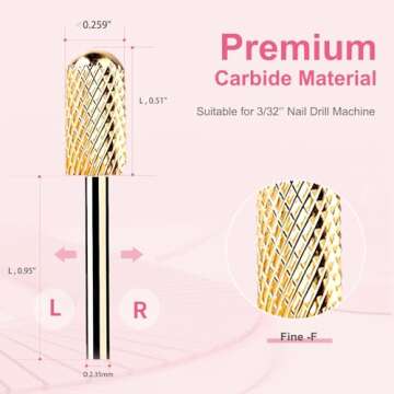 Safety Nail Drill Bits - 3/32'' Smooth Round Top Large Barrel Carbide Bits, Suitable for Manicure Pedicure Cuticle Gel Polishing, Beginners Bits, Gold, 3Pcs (Fine, Medium, Coarse)