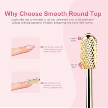 Safety Nail Drill Bits - 3/32'' Smooth Round Top Large Barrel Carbide Bits, Suitable for Manicure Pedicure Cuticle Gel Polishing, Beginners Bits, Gold, 3Pcs (Fine, Medium, Coarse)