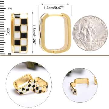 Dainty Checkered Oval Hoop Earrings,18K Gold Filled Enamel Oval Hoop Earrings,For Women Checker Chunky Oval Hoop Earrings,Hypoallergenic Earrings (Black)