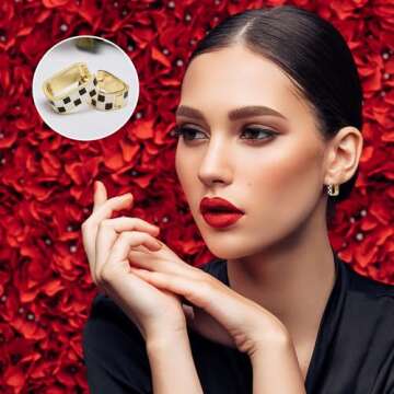 Dainty Checkered Oval Hoop Earrings,18K Gold Filled Enamel Oval Hoop Earrings,For Women Checker Chunky Oval Hoop Earrings,Hypoallergenic Earrings (Black)