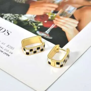 Dainty Checkered Oval Hoop Earrings for Women - 18K Gold Filled