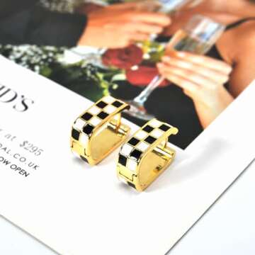 Dainty Checkered Oval Hoop Earrings,18K Gold Filled Enamel Oval Hoop Earrings,For Women Checker Chunky Oval Hoop Earrings,Hypoallergenic Earrings (Black)