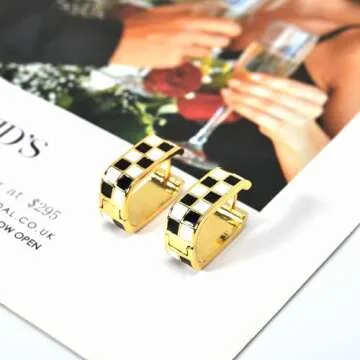 Dainty Checkered Oval Hoop Earrings for Women - 18K Gold Filled