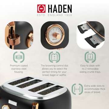 Haden Dorset 4 Slice Wide Slot Stainless Steel Toaster with Adjustable Browning Control & Non-Slip Feet, Black & Copper