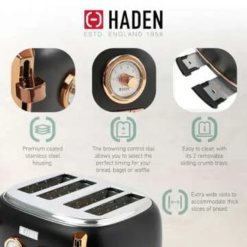 Haden Dorset 4 Slice Wide Slot Stainless Steel Toaster with Adjustable Browning Control & Non-Slip Feet, Black & Copper