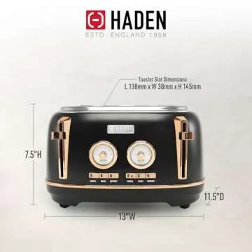 Haden Dorset 4 Slice Wide Slot Stainless Steel Toaster with Adjustable Browning Control & Non-Slip Feet, Black & Copper