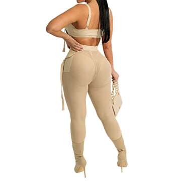 Uni Clau Women Sexy See Through Two Piece Jumpsuits Halter Camisole Bandage Tops Hollow Out Sheer Mesh Skinny Long Pants Club Romper Beige S