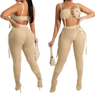 Uni Clau Women Sexy See Through Two Piece Jumpsuits Halter Camisole Bandage Tops Hollow Out Sheer Mesh Skinny Long Pants Club Romper Beige S