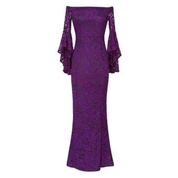 Elegant Purple Lace Off Shoulder Maxi Dress for Weddings