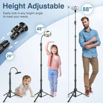 Nineigh 88" Tripod for iPhone, Phone Tripod with Gooseneck and Remote, Portable Cell Phone Tripod Co...