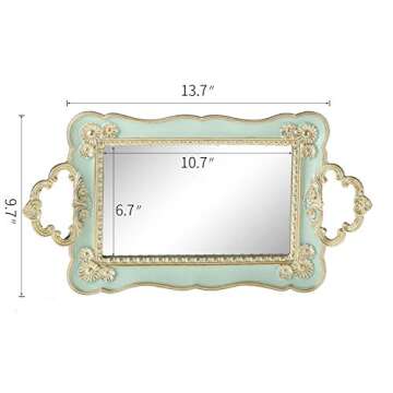 Resin Antique Rectangle Serving Mirror Ornate Decorative Vanity Tray, Makeup and Jewelry Organizer, Vanity Tray for Dresser, Bathroom, Bedroom Kitchen Home Decoration Ornament, Green