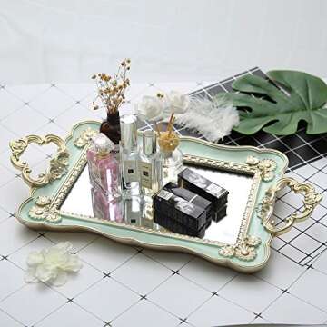 Resin Antique Rectangle Serving Mirror Ornate Decorative Vanity Tray, Makeup and Jewelry Organizer, Vanity Tray for Dresser, Bathroom, Bedroom Kitchen Home Decoration Ornament, Green