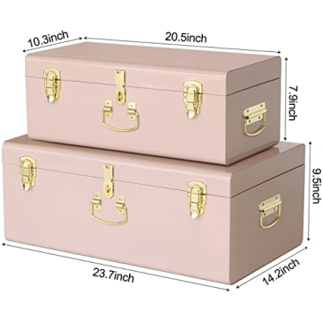 Vixdonos Decorative Metal Box Storage Trunks Set of 2 College Dorm Chest with Handle (Pink)