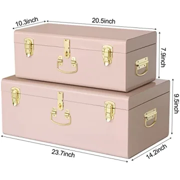 Vixdonos Decorative Metal Box Storage Trunks Set of 2 College Dorm Chest with Handle (Pink)
