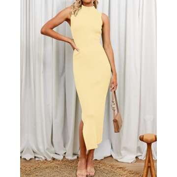 ZESICA Women's Summer Knitted Sweater Dress Sleeveless Mock Neck Ribbed Side Slit Bodycon Tank Midi Dresses,LightYellow,Large