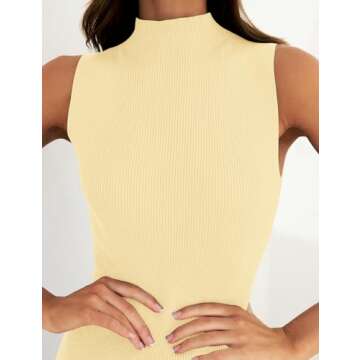ZESICA Women's Summer Knitted Sweater Dress Sleeveless Mock Neck Ribbed Side Slit Bodycon Tank Midi Dresses,LightYellow,Large