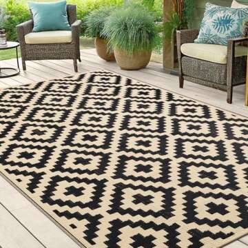 Smiry Waterproof Outdoor Rug 5x8 ft, Reversible Plastic Straw Patio Camping Rugs, Outdoor Indoor RV Mat Carpet for Patio, Outside Entry, Backyard, Deck, Bench, Picnic, Camper, Black & Beige