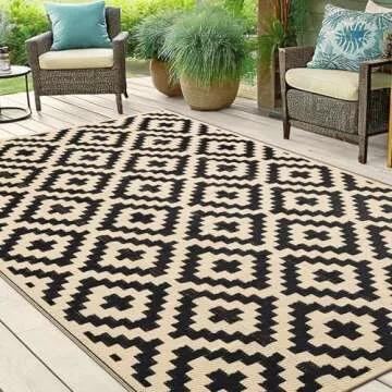 Smiry Waterproof Outdoor Rug 5x8 ft, Reversible Plastic Straw Patio Camping Rugs, Outdoor Indoor RV Mat Carpet for Patio, Outside Entry, Backyard, Deck, Bench, Picnic, Camper, Black & Beige