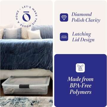 HOMZ 2-Pack Under Bed Storage, Clear Plastic Containers with Lids, 56 Quart, Gray Latch