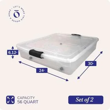 HOMZ 2-Pack Under Bed Storage, Clear Plastic Containers with Lids, 56 Quart, Gray Latch