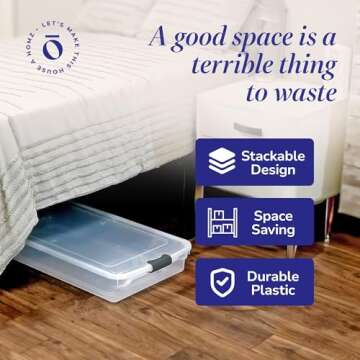 HOMZ 2-Pack Under Bed Storage, Clear Plastic Containers with Lids, 56 Quart, Gray Latch