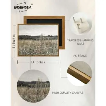 InSimSea Framed Canvas Wall Art Vintage Decor, Wildflower Field Canvas Wall Art Paintings Prints, Rustic Landscape Wall Decor for Bathroom Office, Office Dining Room Decor, 11"x14"