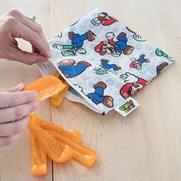 Bumkins Nintendo Reusable Sandwich and Snack Bags, for Kids School Lunch and for Adults Portion, Washable Fabric, Waterproof Cloth Zip Bag, Travel Pouch, Food-Safe, Large, Mario and Luigi