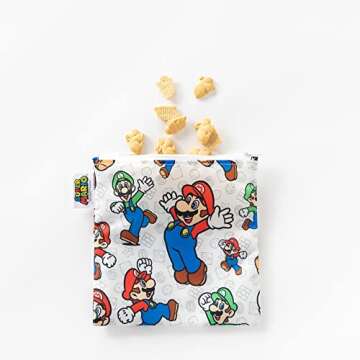 Bumkins Nintendo Reusable Sandwich and Snack Bags, for Kids School Lunch and for Adults Portion, Washable Fabric, Waterproof Cloth Zip Bag, Travel Pouch, Food-Safe, Large, Mario and Luigi