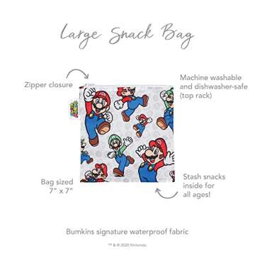 Bumkins Nintendo Reusable Sandwich and Snack Bags, for Kids School Lunch and for Adults Portion, Washable Fabric, Waterproof Cloth Zip Bag, Travel Pouch, Food-Safe, Large, Mario and Luigi
