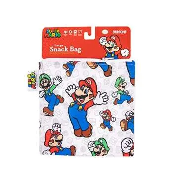 Bumkins Nintendo Reusable Sandwich and Snack Bags, for Kids School Lunch and for Adults Portion, Washable Fabric, Waterproof Cloth Zip Bag, Travel Pouch, Food-Safe, Large, Mario and Luigi