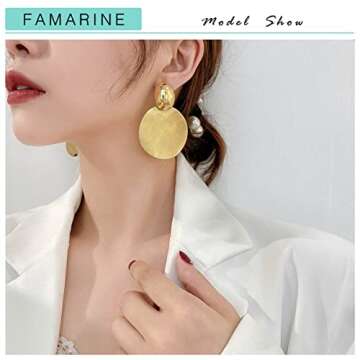FAMARINE Big Disc Drop Earrings Gold Dangle Earrings Statement Brushed Round Hammered Earrings Women