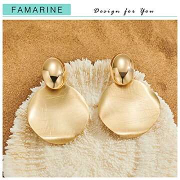 FAMARINE Big Disc Drop Earrings Gold Dangle Earrings Statement Brushed Round Hammered Earrings Women