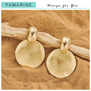 FAMARINE Big Disc Drop Earrings Gold Dangle Earrings Statement Brushed Round Hammered Earrings Women