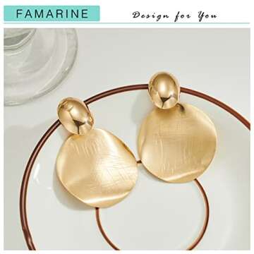 FAMARINE Big Disc Drop Earrings Gold Dangle Earrings Statement Brushed Round Hammered Earrings Women